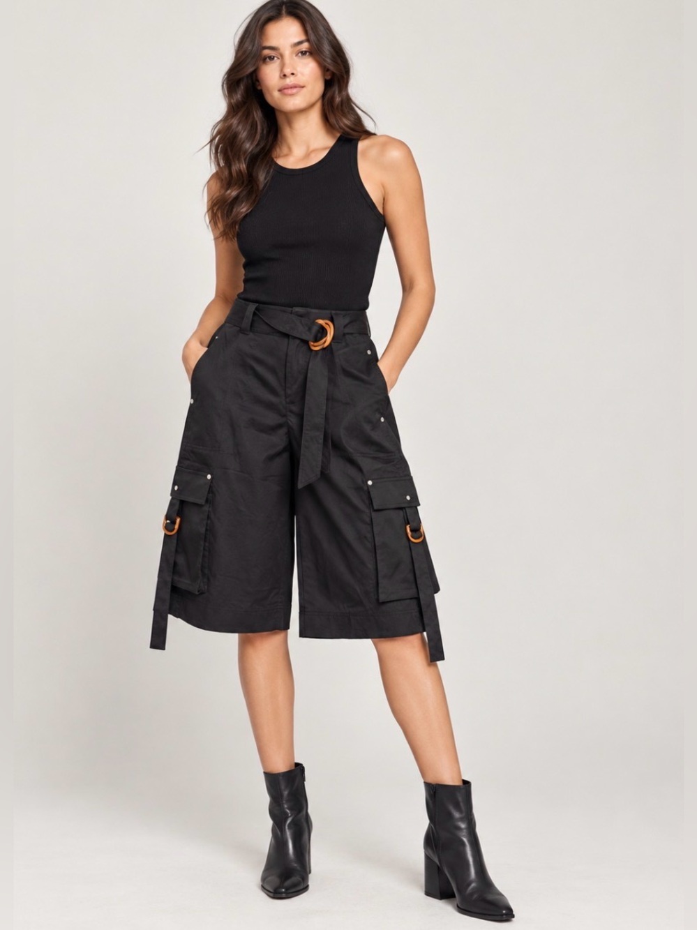 Black Utility Cargo Bermuda shorts with Belt NWT US 28 Tortoise Buckles Casual